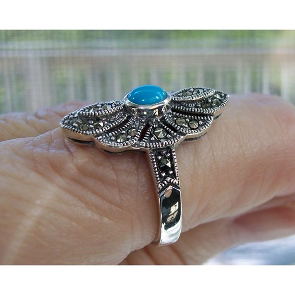 925 STERLING SILVER Simulated Turquoise Marcasite Ring - Picture 5 of 15